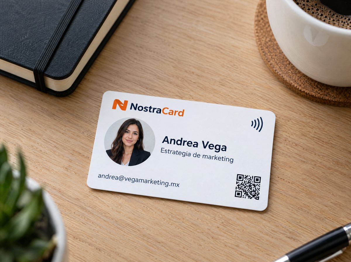 Tarjeta NostraCard de Andrea Vega sobre un escritorio, con logo, foto, nombre, correo y código QR.