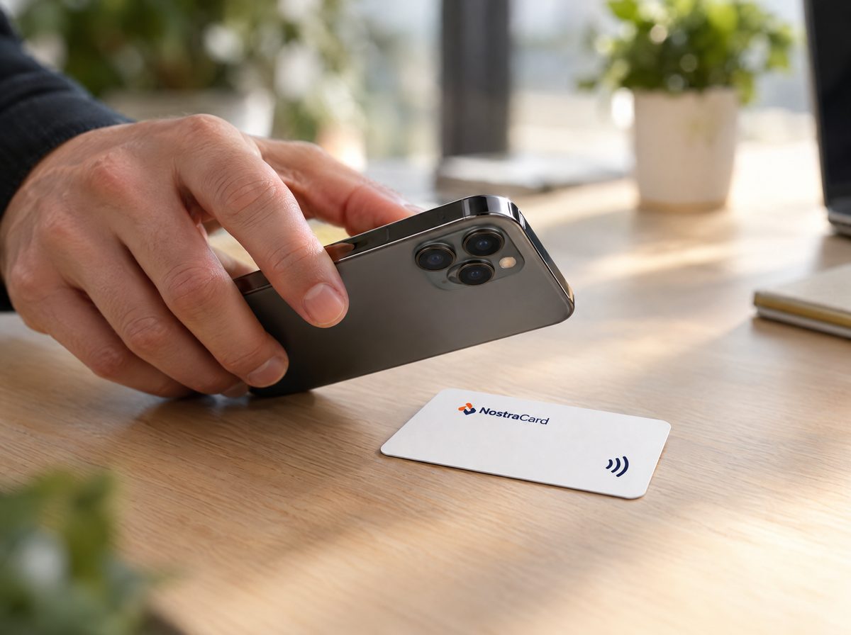 Una mano acerca la parte trasera de un teléfono a una tarjeta NostraCard sobre la mesa.