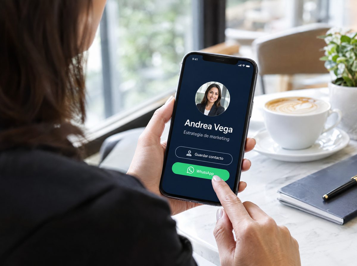 Una persona sostiene un teléfono con el NostraPerfil de Andrea Vega abierto, con botones para guardar contacto y WhatsApp.