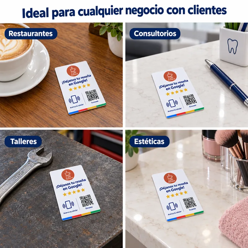 La tarjeta NFC colocada sobre el mostrador de distintos negocios: restaurante, consultorio, taller y estética.