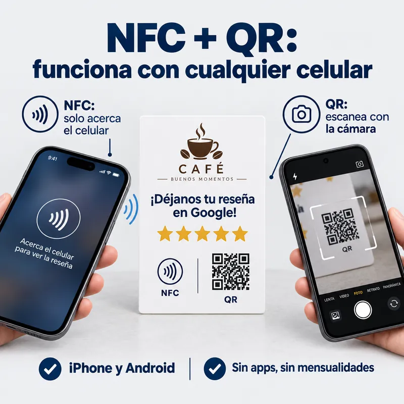 La tarjeta se usa de dos formas: acercando el celular (NFC) o escaneando el código QR con la cámara. Funciona con iPhone y Android.
