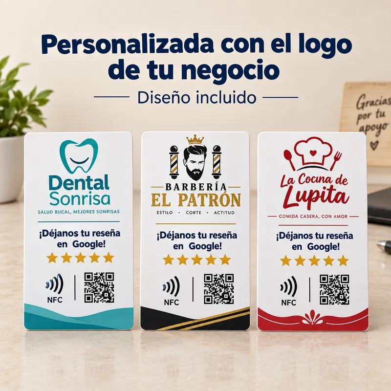Tres tarjetas NFC de distintos negocios, cada una con su propio logo y colores.