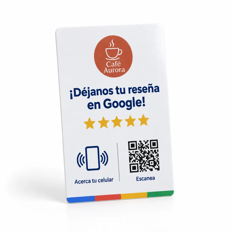 Tarjeta NFC blanca con el logo de un negocio y un código QR, lista para pedir reseñas en Google.