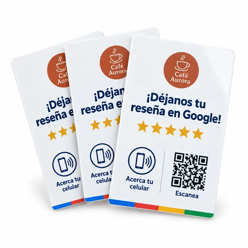 Kit de tres tarjetas NFC personalizadas con el mismo diseño.